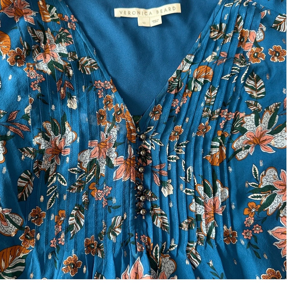 Veronica Beard Lowell Silk Floral Blue Silver Metallic Luxury Blouse, Size 10 - Picture 11 of 13